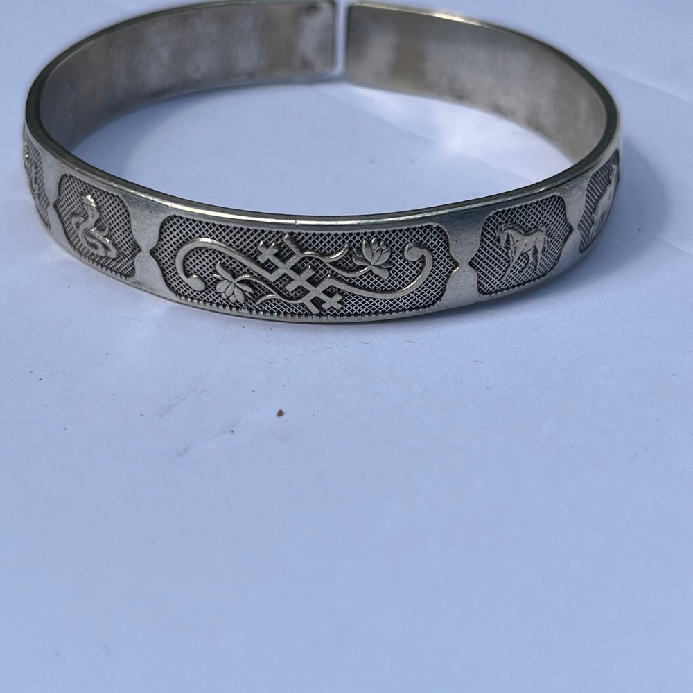 Vintage Chinese Zodiac Silver Cuff Bracelet 12 Animals Hallmarked Stamp Fine